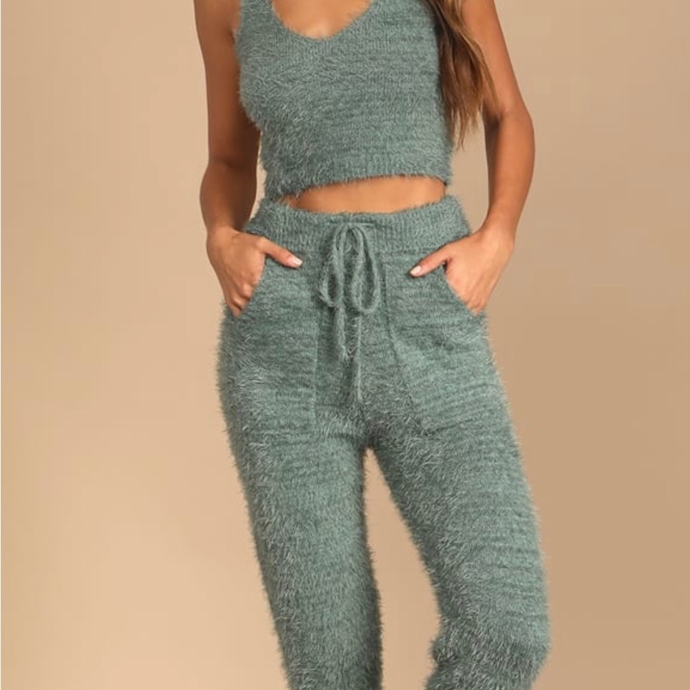 Lulus Road To Cozy Sage Green Fuzzy Drawstring Joggers
